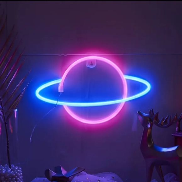 Neon Pink & Blue Planet Saturn Wall Light (11.8 in ×6.7 in) EUC! 2 Power Options - Picture 1 of 13